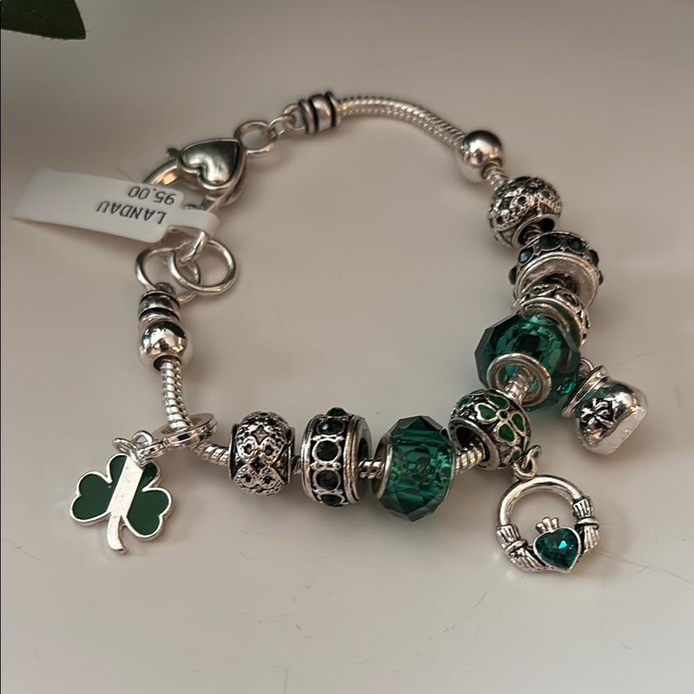 Landau Silver and Green Charm Bracelet with Celtic Designs